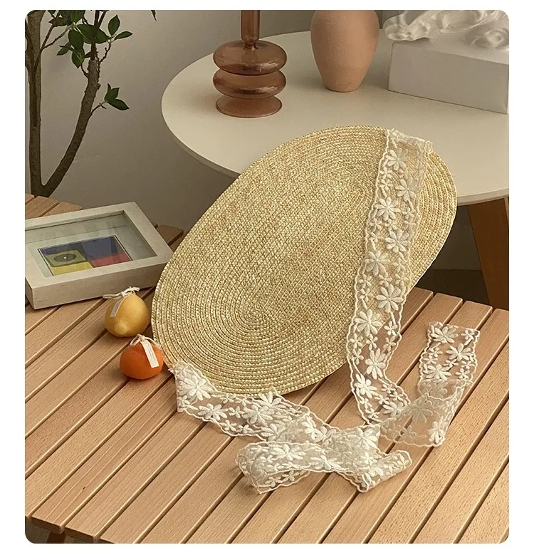New One Piece French Elegant Strap Natural Straw Fadora Hat For Woman Summer Vintage Photo Runway Vacation Hat With Black Ribbon