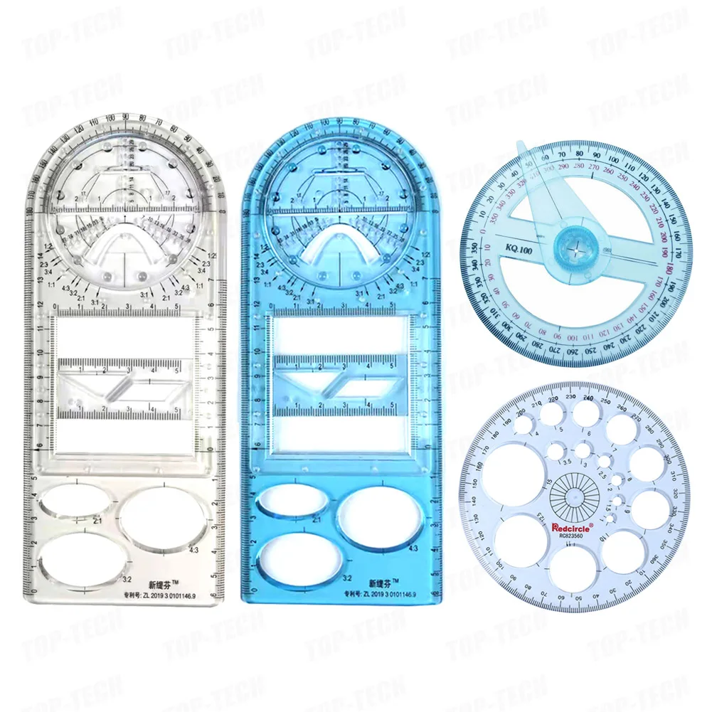 Plantilla geométrica multifuncional, Regla de medición de plástico, círculos, plantillas con forma de dibujo para Kit escolar de oficina