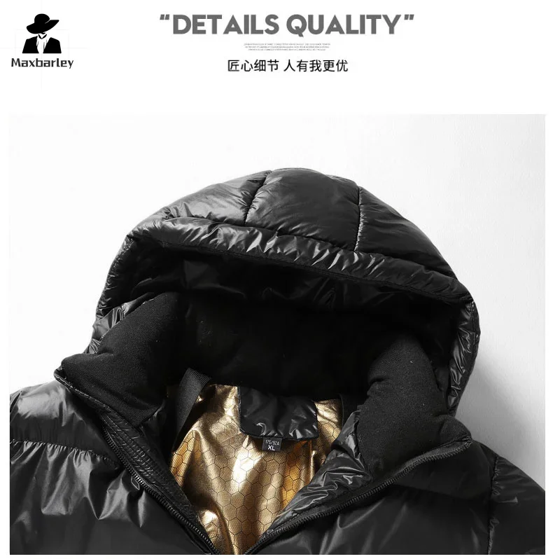 Winter Lightweight Jacket Men's Luxury Black Gold Glossy Waterproof Warm Down Cotton Padded Coat Women Trendy Short Hooded Parka