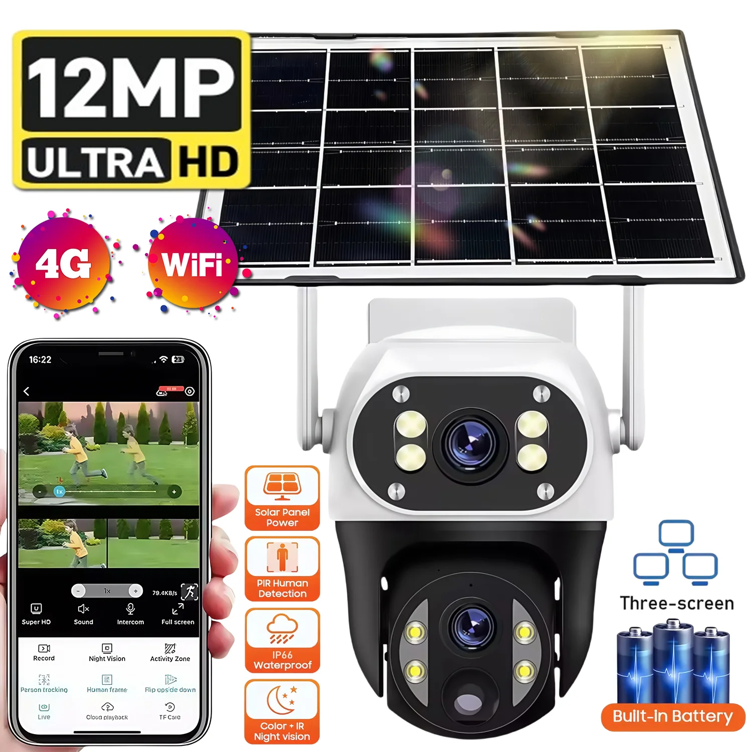 4G / WiFiソーラーカメラ デュアルレンズ 屋外 12MP 低電力バッテリー IPカメラ PIRナイトビジョン V380 Pro CCTVセキュリティ保護