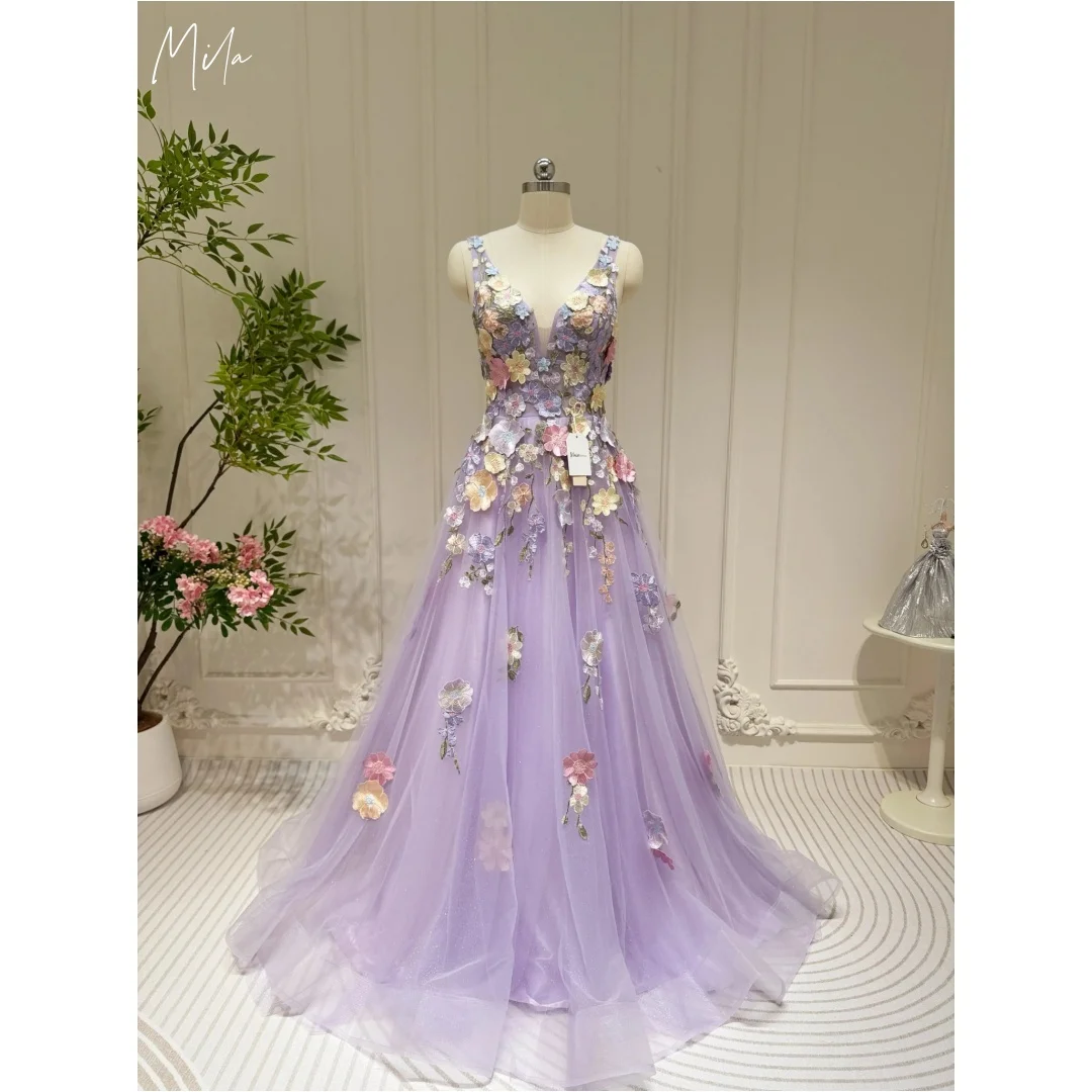 

Вечерние платья Mila Lilac с V-образным вырезом, 3D цветочными аппликациями, из тюля, А-силуэт, со шлейфом, на заказ, для выпускного вечера, 2026