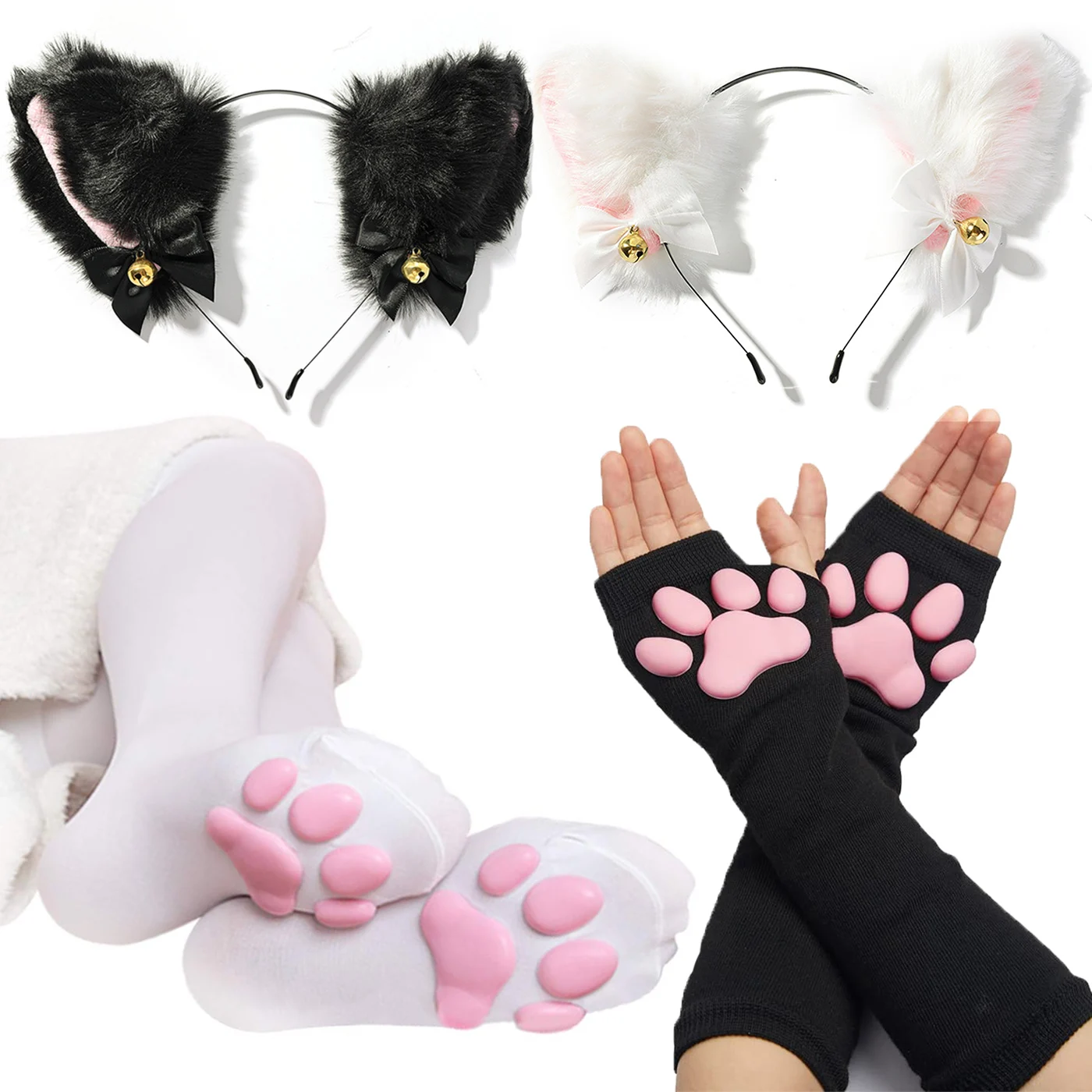 Cat Paw Thigh High Socks Golves Sleeves Cute Soft 3D Toe Beans Stocking Mittens Kitten Claw Pad Socks for Girl Women Cosplay Set