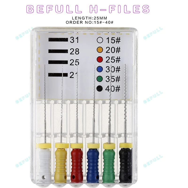 6 Stks/pak Tandheelkundige H-FILES (Handgebruik) Endodontische Wortelkanaalhedstroem Dossierbehandelingsinstrumenten 21/25/31Mm Tandarts Gereedschap