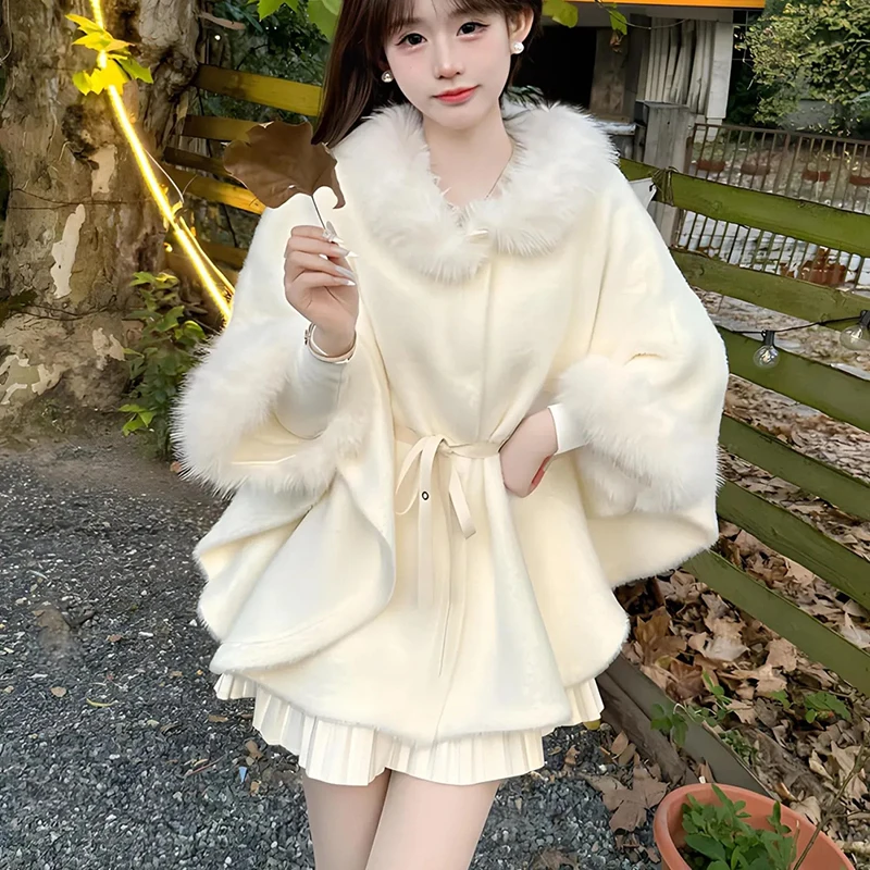 Gentle Fur Collar Capes Women Solid Lace Up Loose Casual Lazy Wind Sweet Coats Korean Cute Autumn Winter Elegant Female Outwear