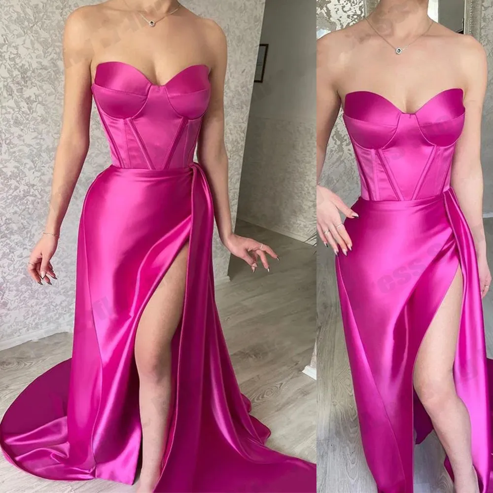 

Simple Fuchsia Long Evening Dresses 2023 Sweetheart Silt Satin Formal Prom Gowns Celebrity Style Vestidos Feast Robe De Soirée