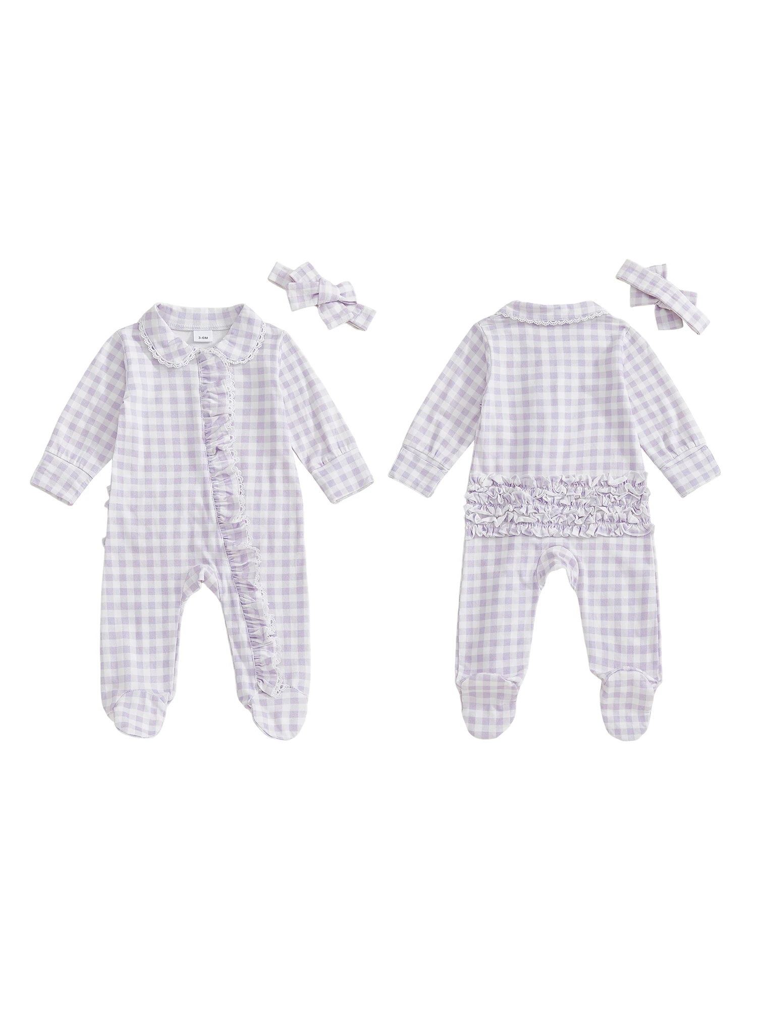 

Очаровательный комбинезон на ножках для маленьких девочек с подходящей повязкой на голову — комбинезон в клетку с длинными рукавами, кукольным воротником и кружевной отделкой —