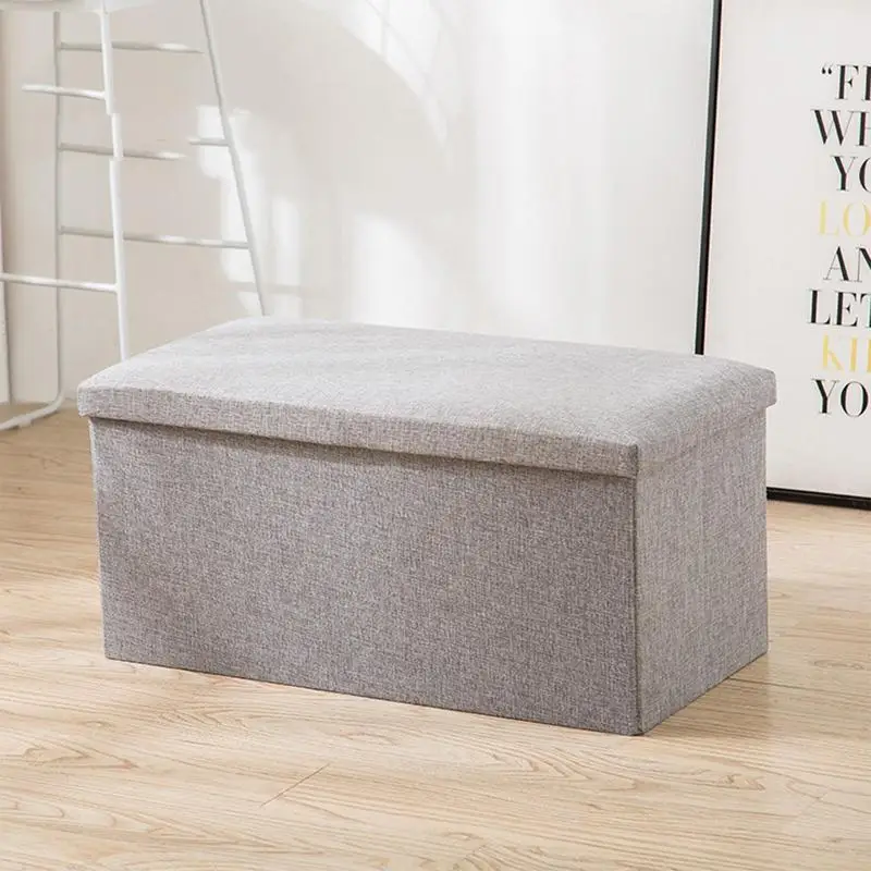 Foldable Ottoman Bench Seat Multifunctional Shoe Changing Stool Cotton Linen Foot Rest Stool Rectangular Storage Bin Box