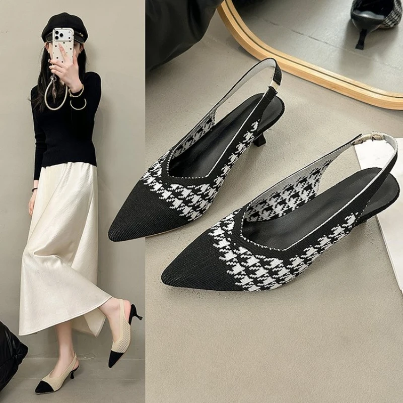 Atmungsaktive Damen-Ballerinas mit spitzer Zehenpartie, Stretch-Strick-Stiletto-Sandalen, geeignet für Sommerabende und den täglichen Weg zur Arbeit.