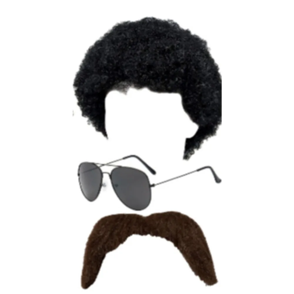 Halloween Wig Glasses Beard 6 Piece Set Brown and Black Afro Wig Brown Simulated Beard