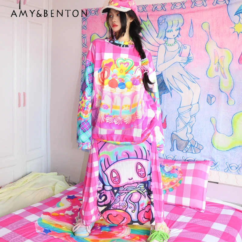 

Original Design Color Plaid Y2K Illustration Women's Long Skirt Japanese New Cartoon Printing Loose hin Versatile Skirts Ladies