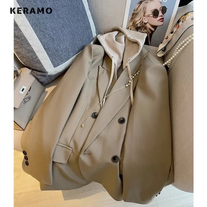 Retro Office Lady Patchwork Notched Collar Long Sleeve Hooded Blazers 2023 Winter Women Vintage Casual Loose Tailored Coat