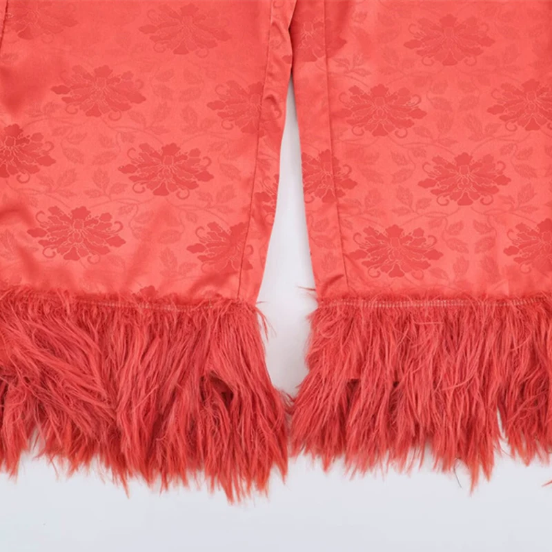 Lässiger Feder-Patchwork-Hemd-Hosen-Anzug für Damen, Langarm, bedruckt, V-Ausschnitt, lockerer Mantel, weit geschnittene Hosen, Set 2026, Herbst, Neu für Damen – Detail 3