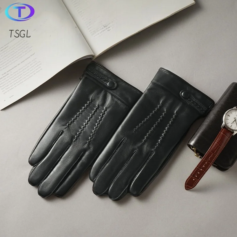 

New Arrival Men Winter Driving Fashion Mittens Genuine Leather Gloves Sheepskin Windproof Velvet Lining Motorcycle Glove