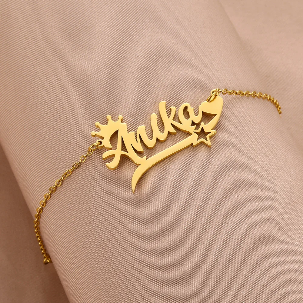 Custom Crown Name Bracelet Femme Jewelry Stainless Steel Gold Color Personalized Heart Star Nameplate Women Girl Gifts