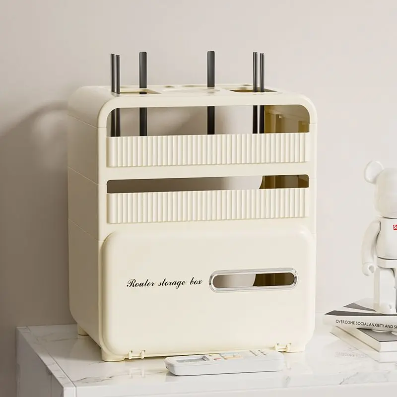 Cream White Plastic Router Storage Box Multi-Layer Wifi Organizer with Heat Dissipation Holes Cable Management Holder for Home view 5