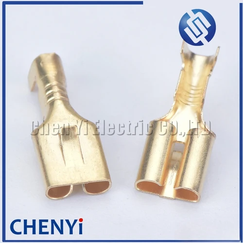 Imagen 1 del producto 50/100 Uds 6,3mm conector de Terminal de engarzado hembra latón dorado conectores de cable eléctrico juego de pines H62 para altavoz de relé de coche