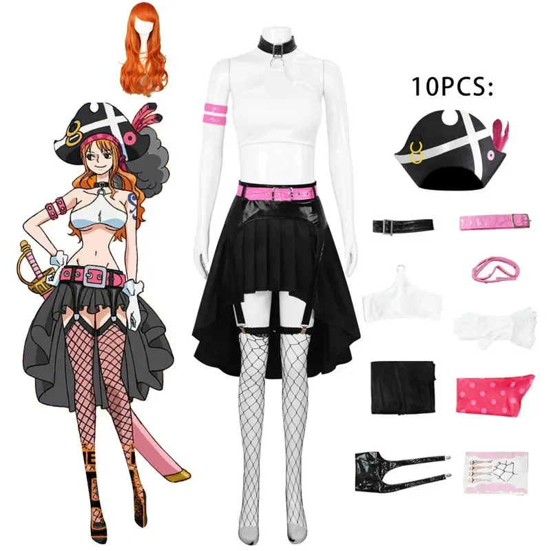 Anime película Nami Cosplay disfraz peluca vestido pirata Halloween carnaval mujer sombrero cinturón pañuelo guantes calcetines Collar F