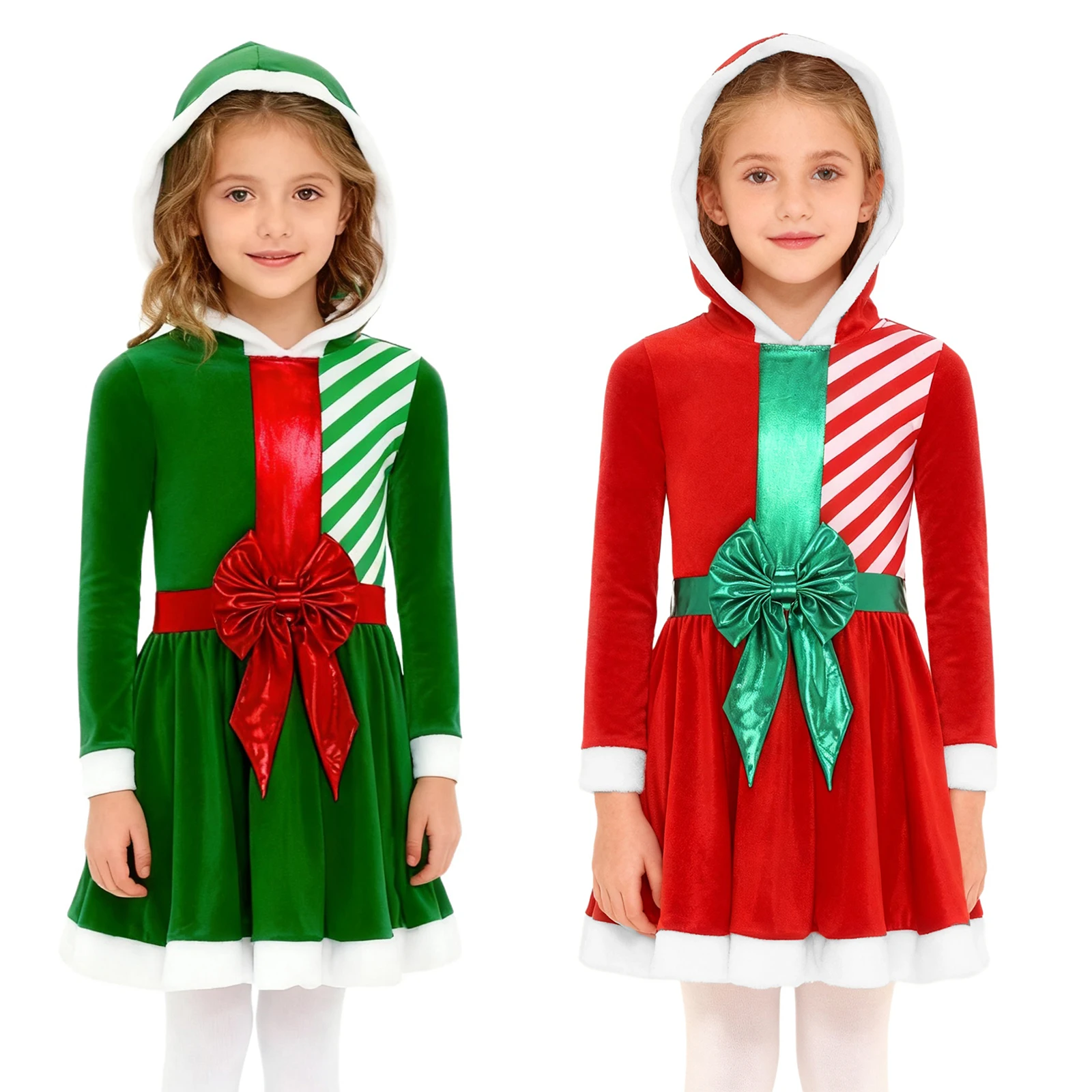 

Girls Christmas Miss Santa Claus Dress Figure Skating Costumes Long Sleeve Stripe Waist Bow Hoodie Dress for Xmas Festival Party