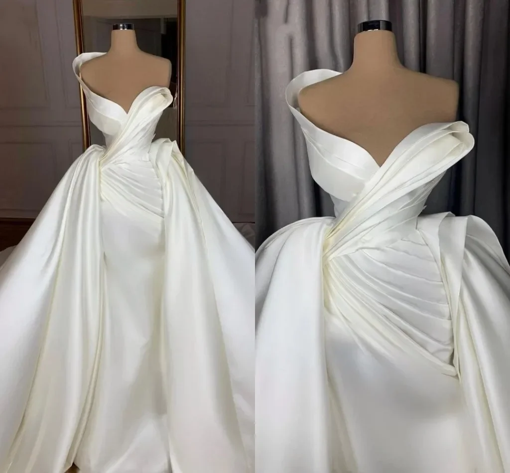 Customized  Off The Shoulder Satin Mermaid Wedding Dress With Overskirt Vestido De Noiva Vintage Ruched Mermaid Bridal Gown