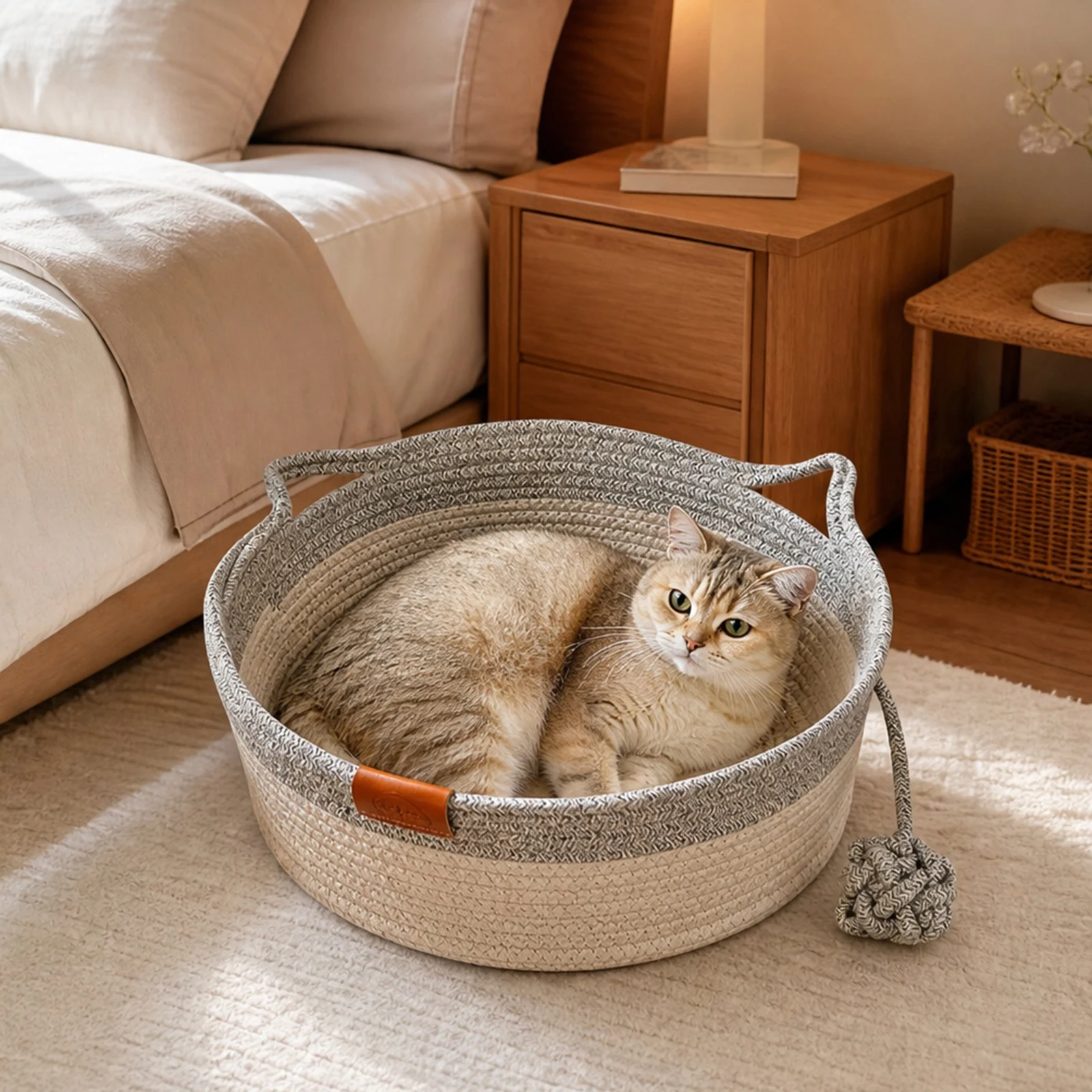 Instinct Basket for Cats Handwoven Cotton Rope Enrichment Bed with Toy Tail & Cats Ear Design for Puppies Rabbits and Small Pets