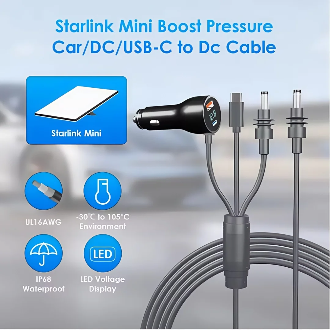

For Starlink Mini 3-In-1 Car Charger Waterproof Extension Cable, 18AWG, USB C. Equipped With A Voltmeter..2M/3M/5M