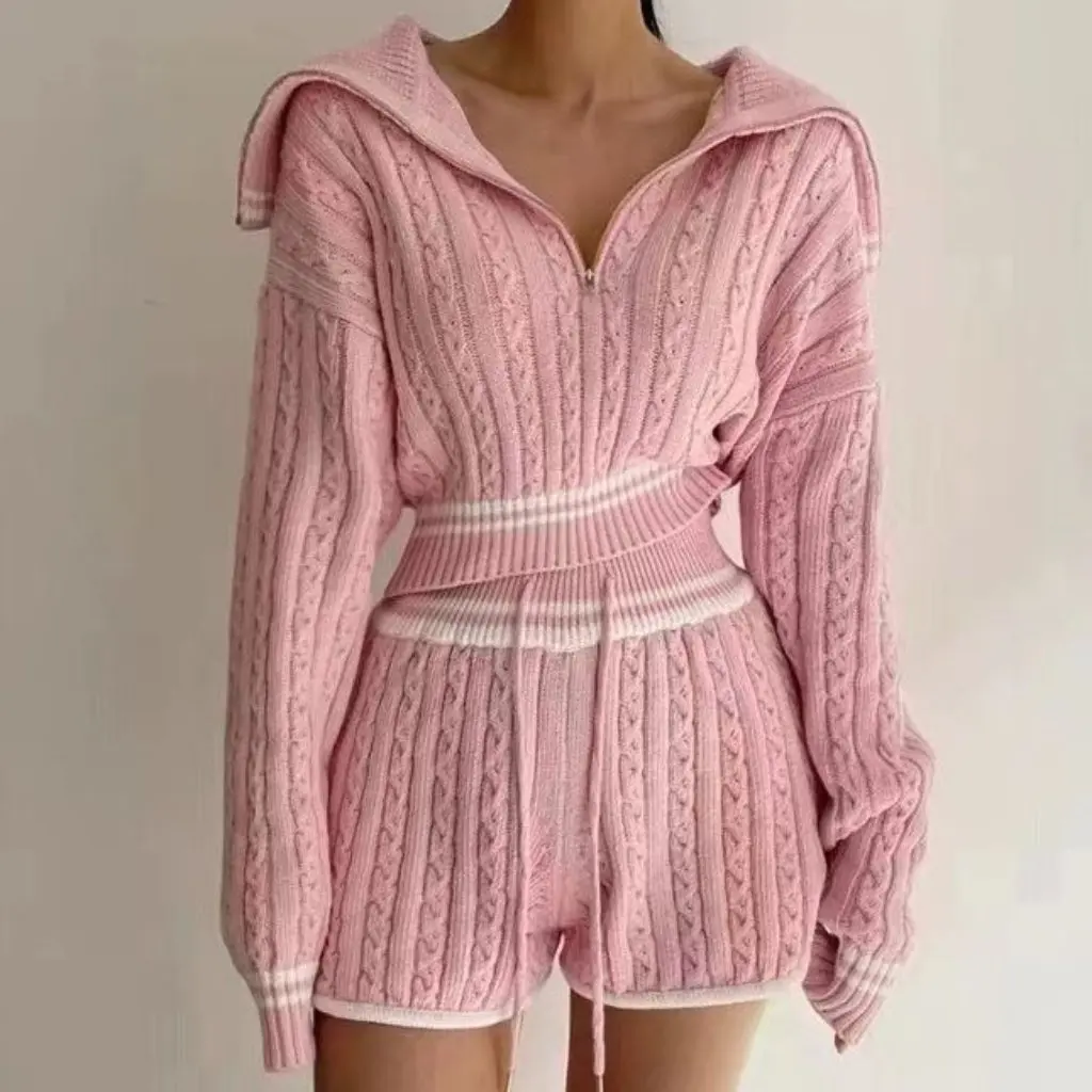 Women's Fashion Wool Two-Piece Set Thickened Zipper Sweater And Knitted Shorts Autumn Winter New Feminine Style
