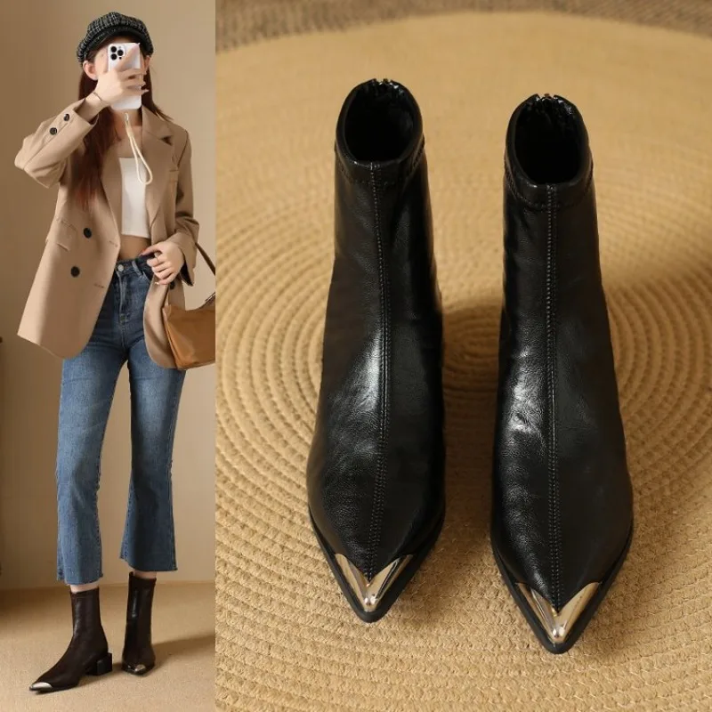 

2026 Rear Zipper Fashion Women's Ankle Boots Metal Pointed Toe Ladies Shoes Crude Heel Western Cowboy Boots Female Fashion New
