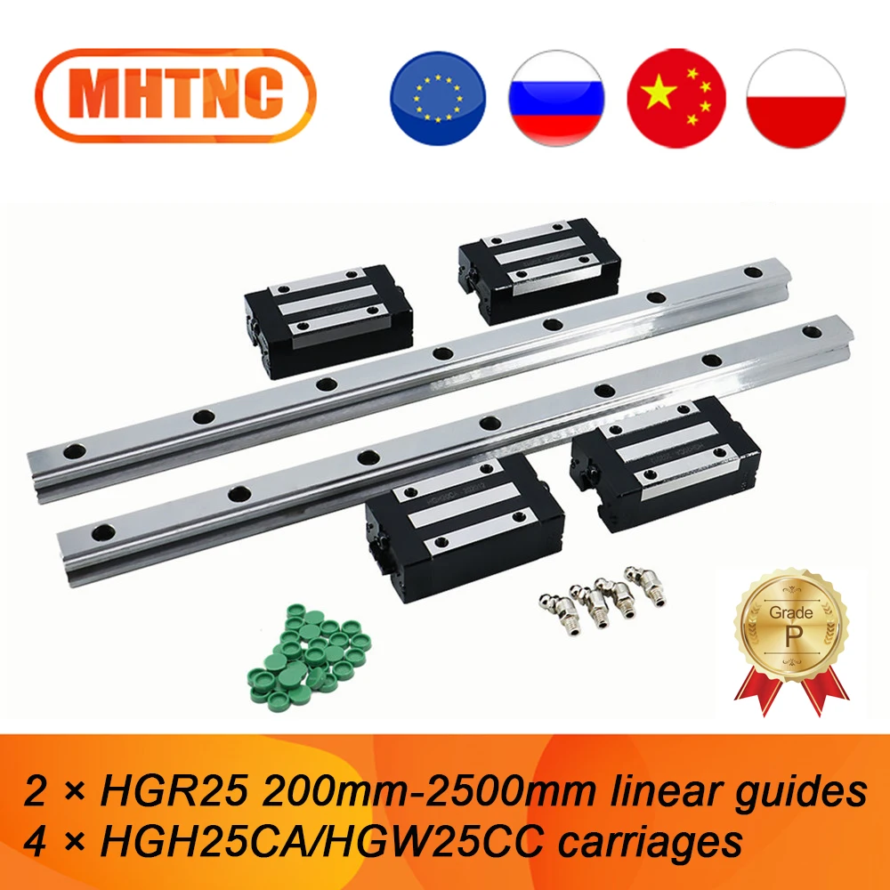 Linear Guides 2 pcs HGH25 / HGR25  200-2500mm linear rails + 4 pcs HGH25CA / HGW25CC slides carriages for CNC Router