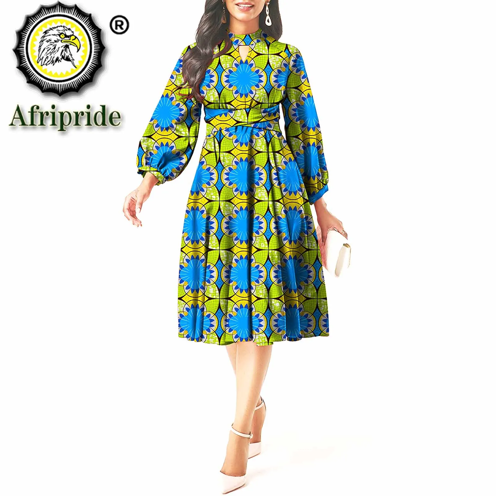 Vestidos com estampa africana para mulheres, manga longa, formal com cinto, traje Ankara, tamanho grande, roupas casuais Bazin Riche, S2025073