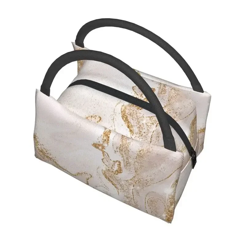 Marble Geometric Pattern Insulated Lunch Bags for Work Office Gold And Cream  Waterproof Thermal Cooler  Box Women image 5