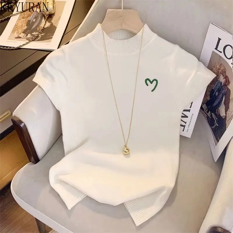 Half Turtleneck Embroidery Short Sleeve Sweater Women\'s Knitted T-Shirts Pullover 2023 Summer New Fashion Slim Bottom Top Jumper