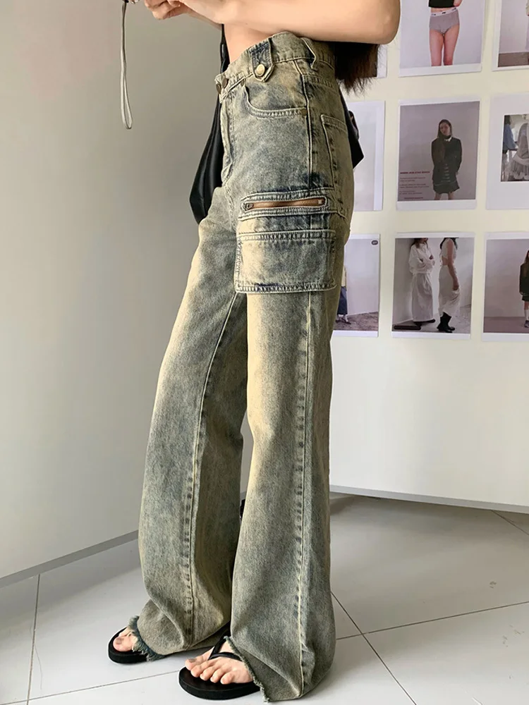 Mode Dames Jeans Full Length Patchwork Hoge Taille Losse Zak Basis Rechte Denim Broek Lente 2023 Trend Nieuw