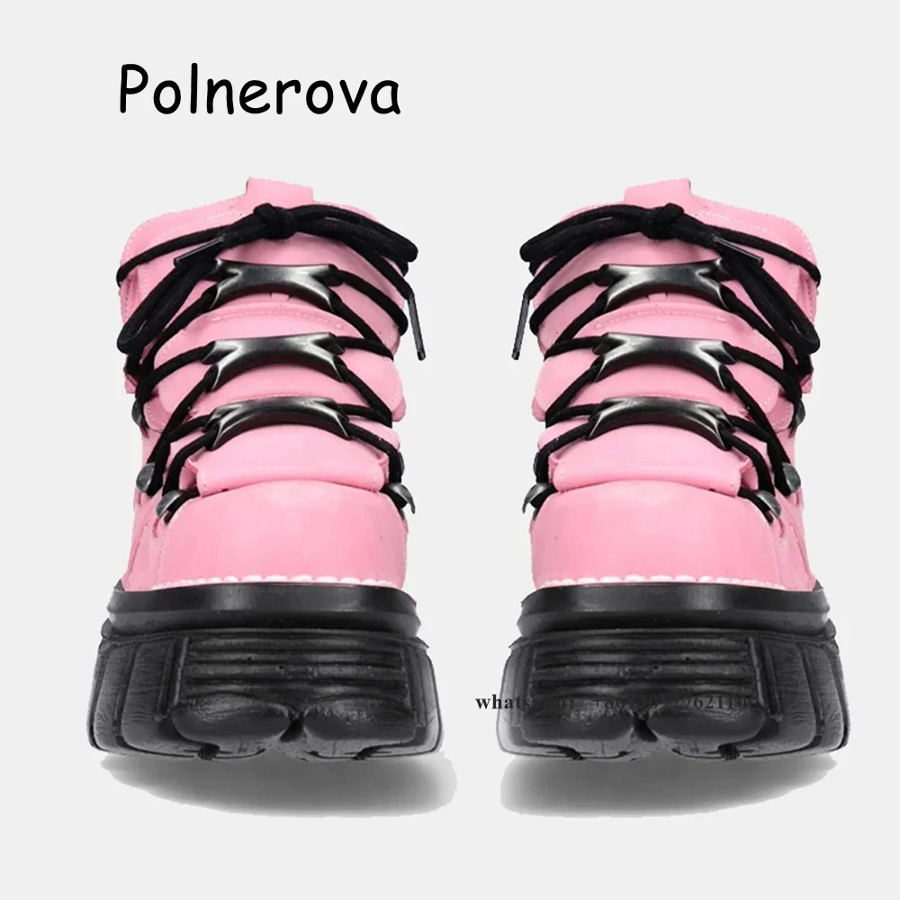 أسود وردي سميكة سوليد حذاء من الجلد عبر تعادل المرأة ريترو الربيع هوتي ديكور معدني الارتفاع زيادة دراجة نارية فاسق مضخات #4