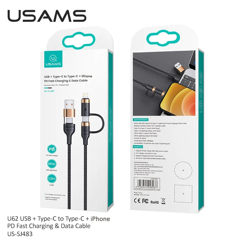 USAMS U62 4in1 60W PD USB C Cable For iphone 14 13 12 Pro Max USB To Type C To Type C Fast Charging For ipad Samsung Xiaomi