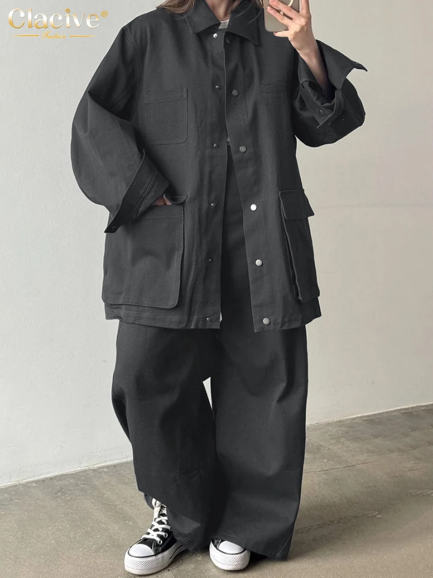 Clacive Set di pantaloni grigi larghi alla moda Set di 2 pezzi da donna elegante camicia a maniche lunghe con pantaloni larghi a vita alta Set di abbigliamento femminile