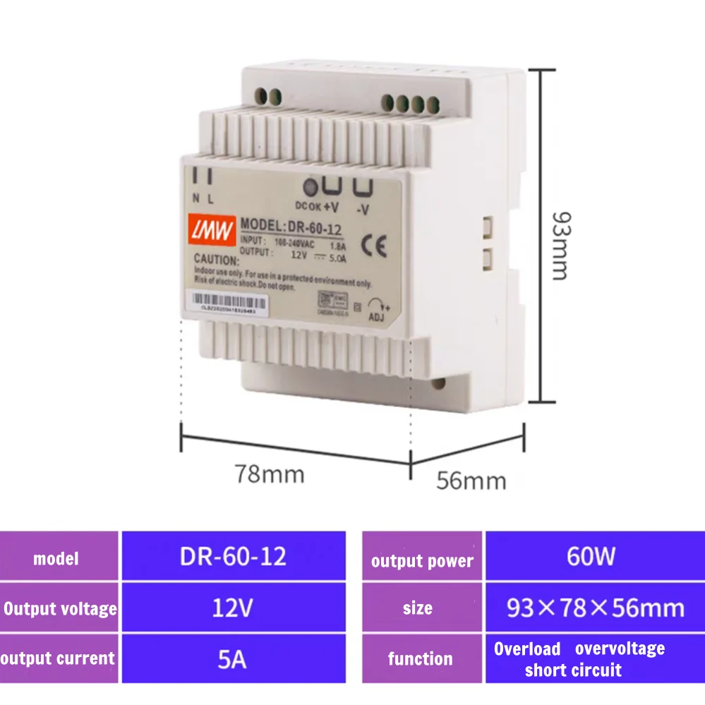 Switch Power Supply Rail Type Installation DR-60-24 12V 15V 18V 24V Rail Install Electronic Component
