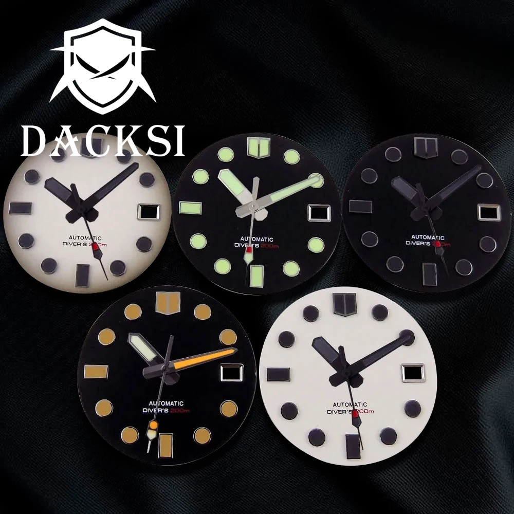 DACKSI 29mm Black White Sterile Watches Dial Face Date Display Window Hands Set Luminous Accessories Fit NH35 Automatic Movement