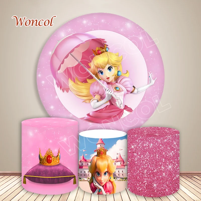 Cubierta circular de princesa Peach para niña, fondo de Baby Shower, cubierta de cilindro de princesa Peach, decoración de fiesta de cumpleaños, utilería para sesión fotográfica