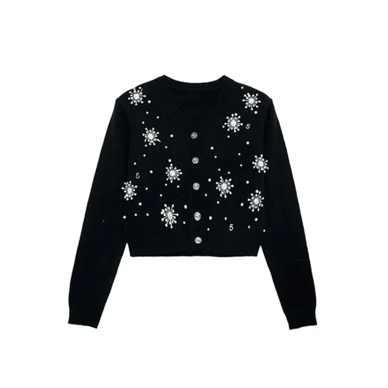 Primavera otoño nuevo cuello en V manga larga suéter de moda mujer High Street Casual bordado bengalas Patchwork botón Chic Cardigan