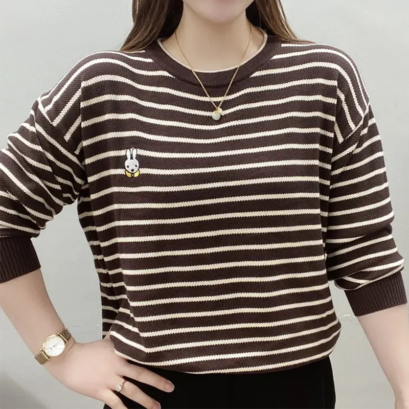 Spring and Autumn New Thread Sweatshirts Simplicity Women's Clothing Crew Neck Striped Print Embroidery Long Sleeve Pullovers