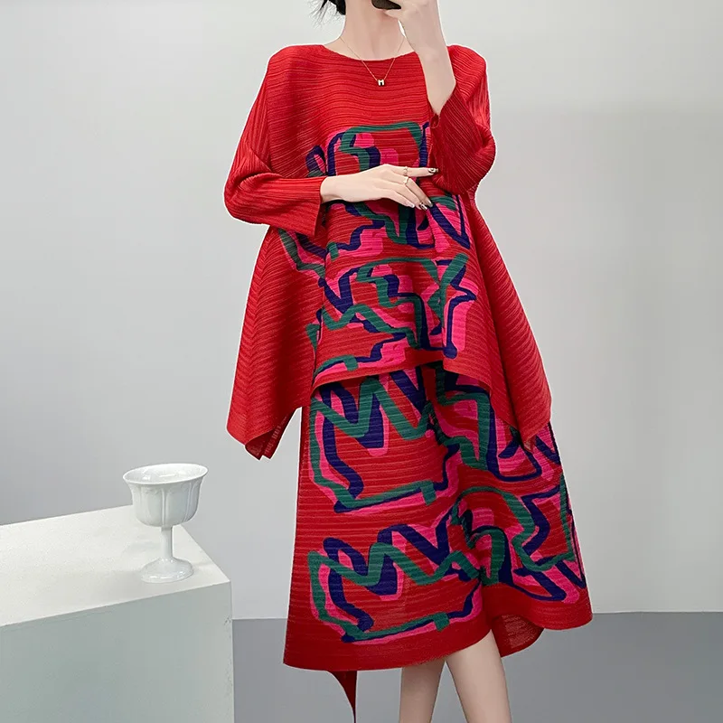 

Miyake женский повседневный костюм в полоску с принтом в стиле ретро, футболка с длинными рукавами, свободная полуюбка больших размеров, весенняя женская одежда 2026 г.