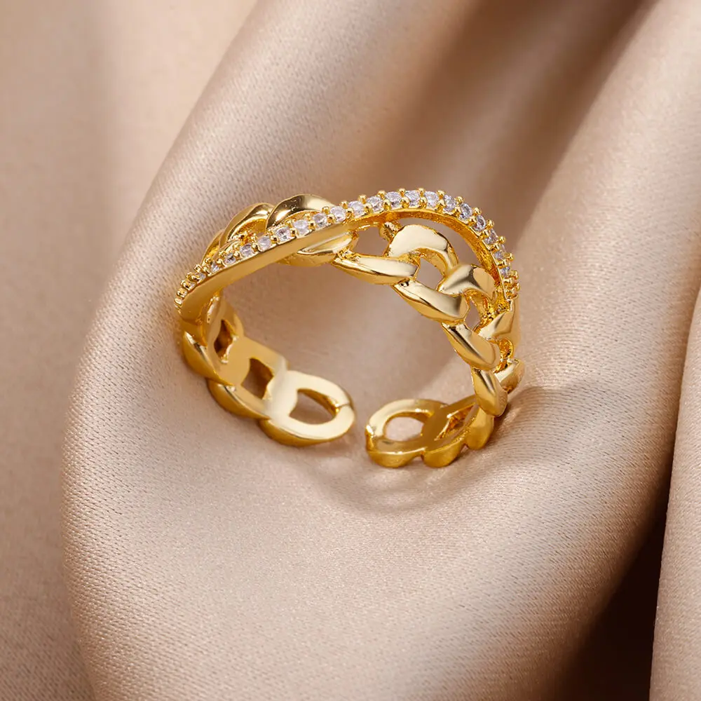 Mode Kette Aushöhlen Ringe Für Frauen Gold Farbe Edelstahl Zirkon Kreuz Offenen Ring Trendy Hochzeit Ästhetischen Jewerly Geschenk