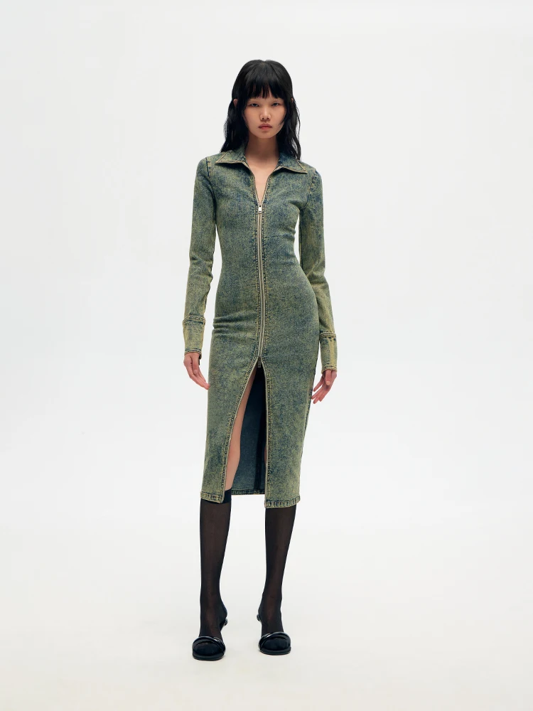 Owrolus tendance rétro Denim longue taille Dr cintrée femmes Dr coton Polyester mélange fermeture à glissière mi-longue