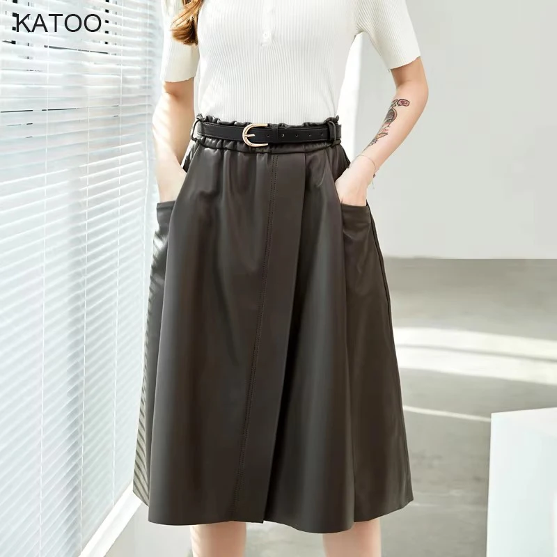 Leather Skirts Ladies Spring Autumn Pleated Elastic Belt Simple High Waist Coffee Sheepskin Umbrella Skirt Faldas Para Mujeres