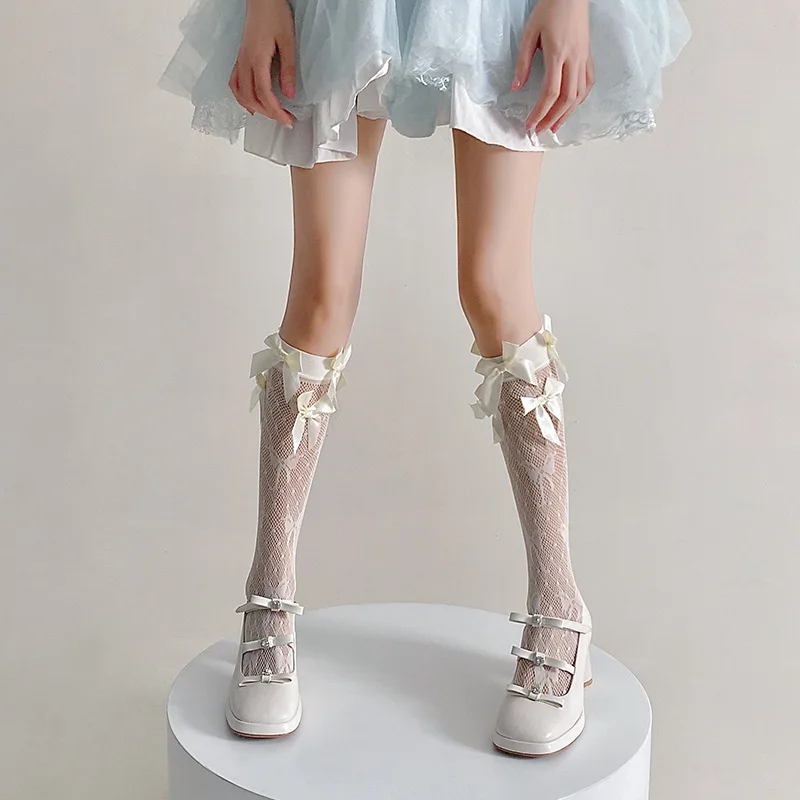 

Bow Lace Calf Socks for Women Ballet Style Summer Thin Cut Hollow Jacquard Lolita JK Mid Tube Socks