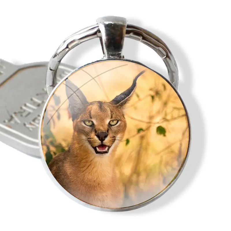 Keychain Glass Cabochon Metal Pendant Classic Men\'s Women\'s Keyring African Lynx Caracal Big Cat