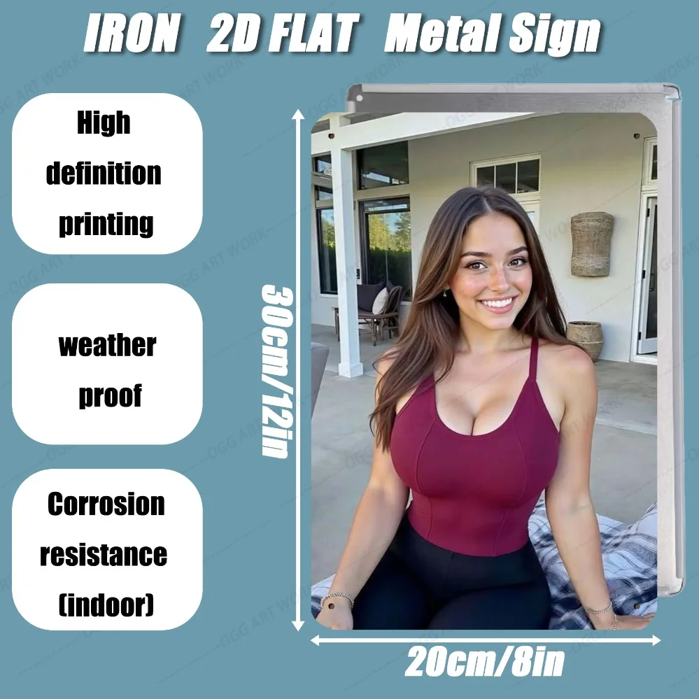 High Definition Tin Painting Beautiful Smiling Woman in Maroon Tank Top Metal Sign Wall Art Decor