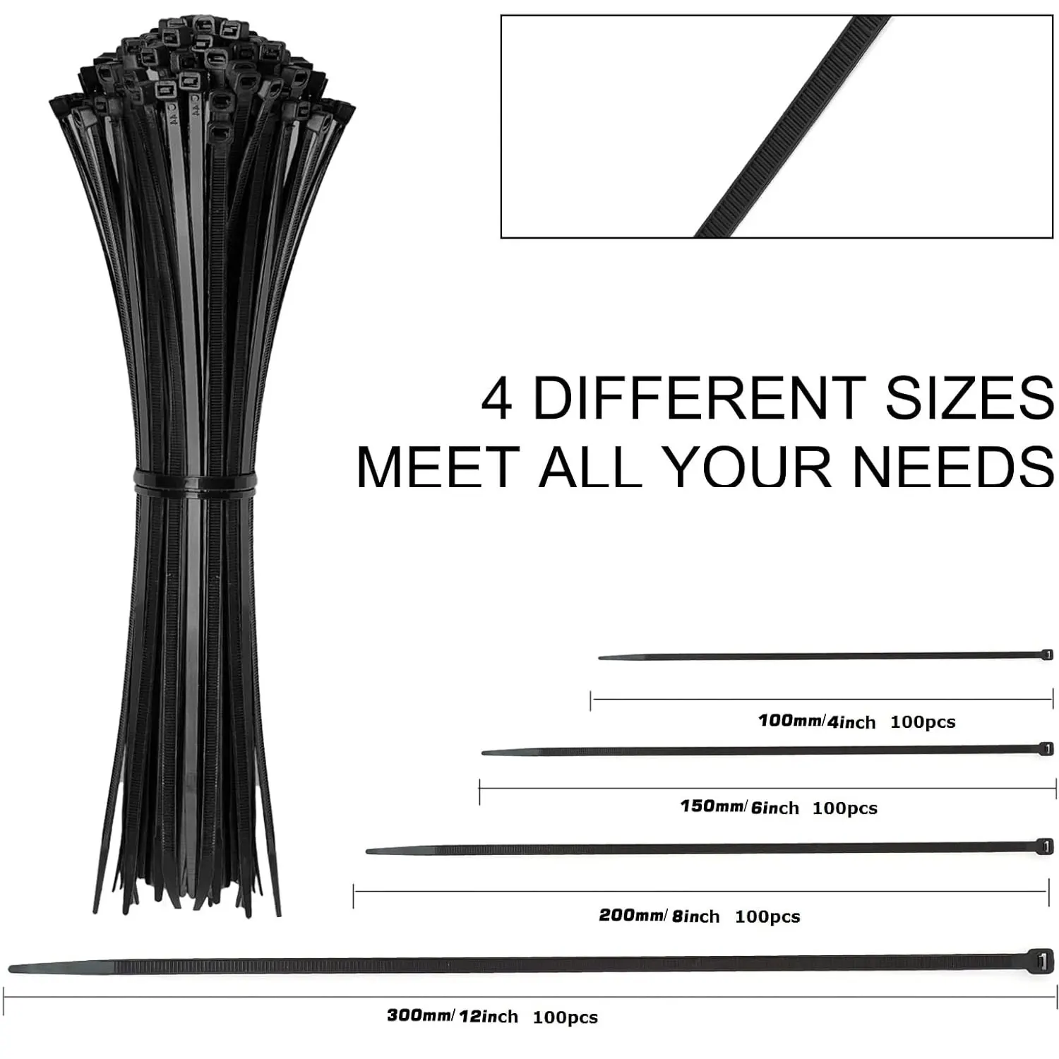 Cable Zip Ties,Black 12+8+6+4 Inch,Multi-Purpose Self-Locking Nylon Cable Cord Management,Plastic Wire Ties for Various places
