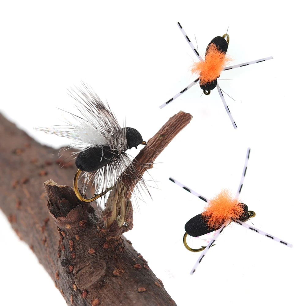 8 piezas # 10 Moscas Secas Flotantes de Espuma Negra Grizzly Hackle Ant / Orange Para Wing Beetle, Señuelos Artificiales Terrestres para Pesca con Mosca