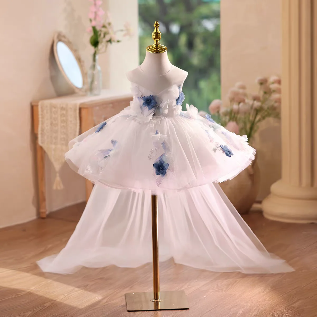 

Jill Wish Elegant White Flower Girl Dress Knee Length with Train Princess Kids Wedding 1st Birthday Pageant Party Gown J569